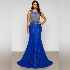 Blue Silver Rhinestone Studded Embellished Maxi Dress Womens Size 8 Sequins Prom
